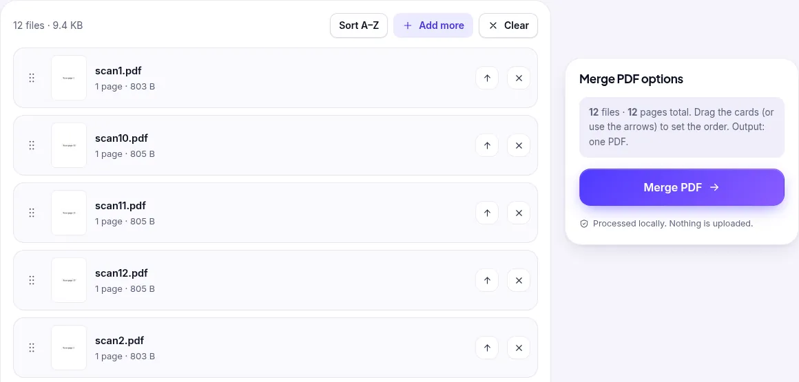 Merge PDF file list showing scan1, scan10, scan11, scan12, scan2 – the wrong order