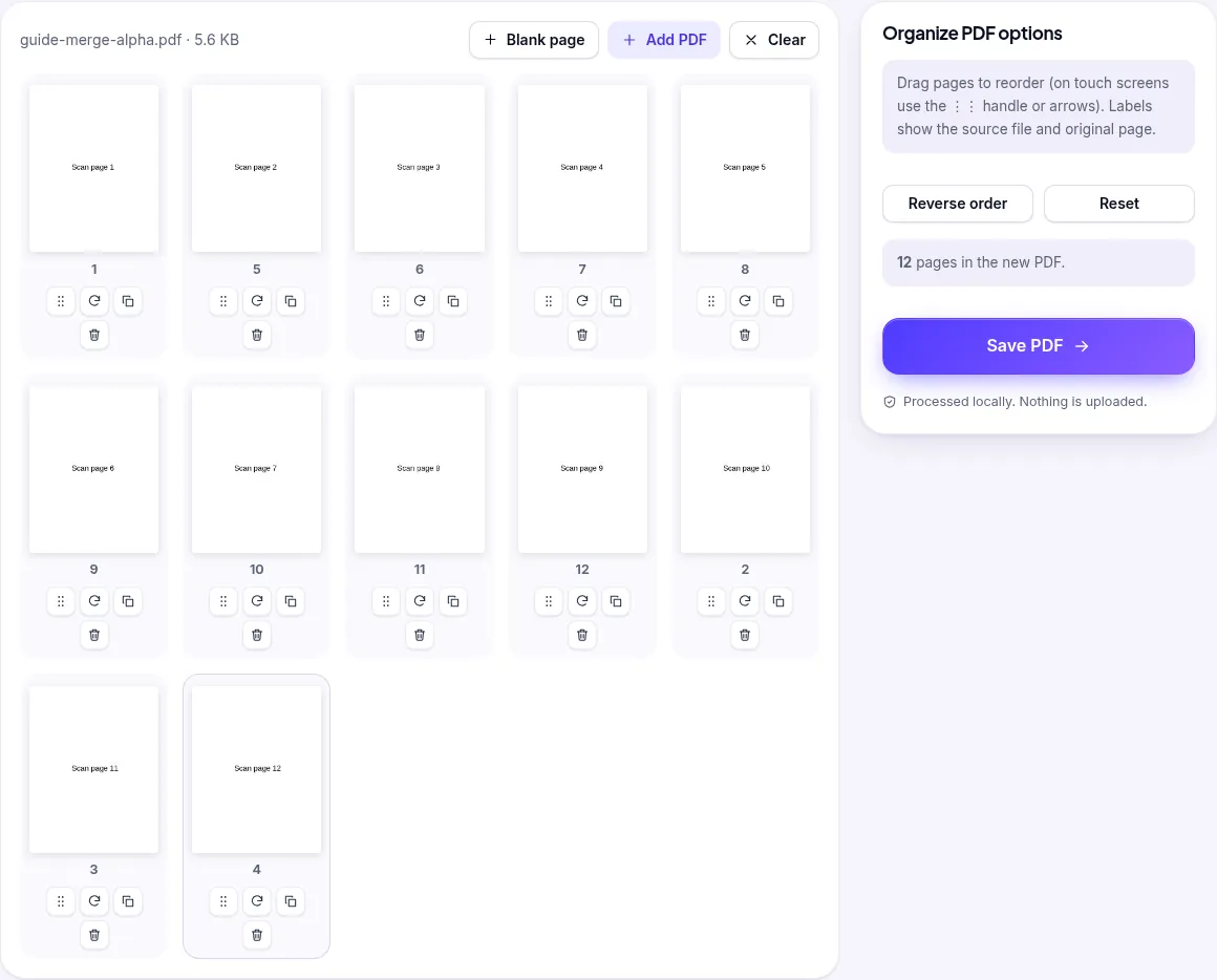 Organize PDF after reordering: Scan page 1 through 12 in order